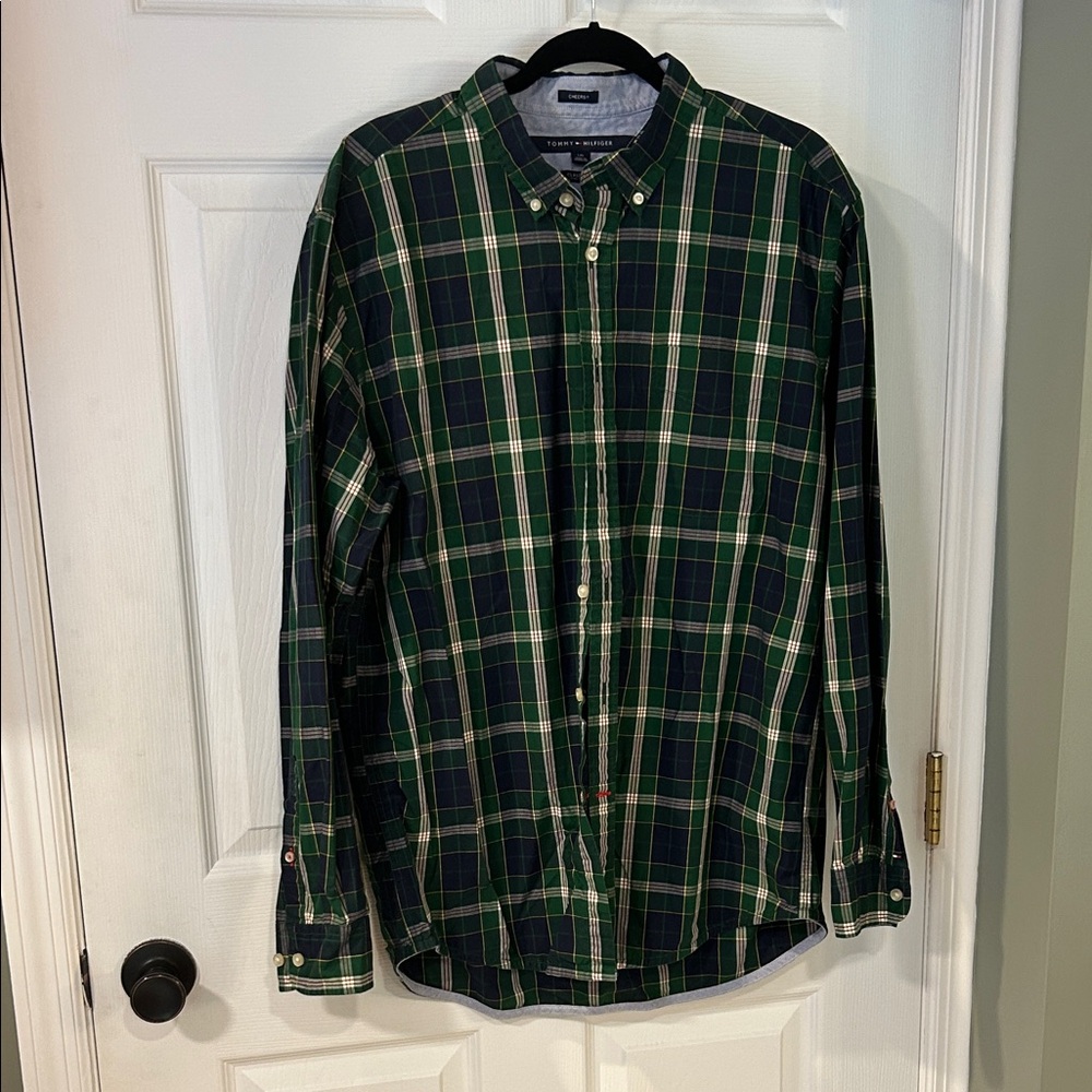 Tommy Hilfiger Navy and Green Plaid Button Down Shirt